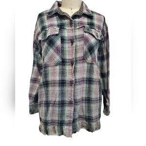 We The Free Anneli Plaid Shirt Jacket Purple Black Blue Cream Cabincore XL